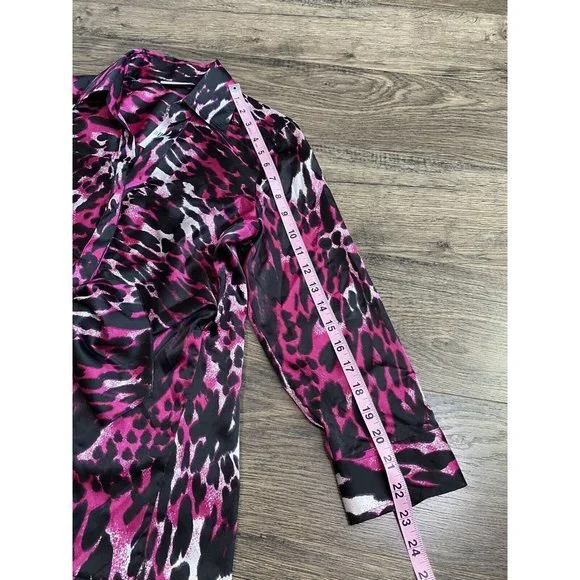NWT Women New York & Company Stretch Button Up Tie Waist Satin Cheetah Pink Sz M - Picture 7 of 10